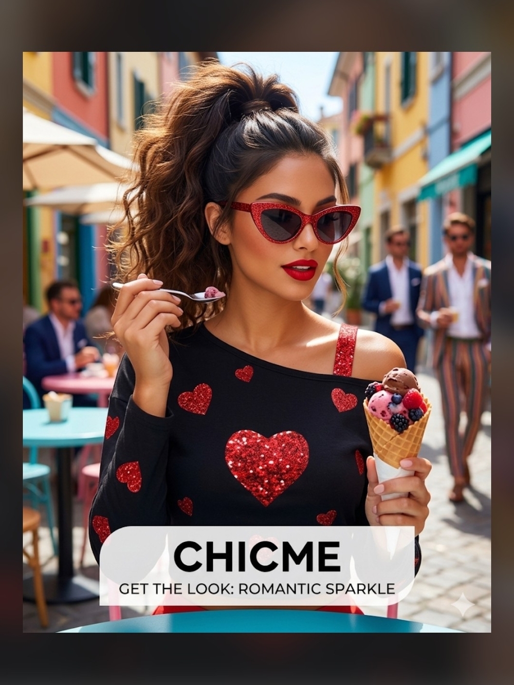 🖤 ChicMe Black Top with "Glittery" Red Hearts ❤️ US L-XL